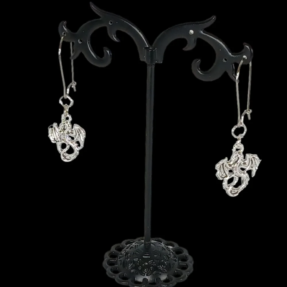 Silver Dragon Hypoallergenic Earrings Artisan Made Soft Goth Fantasy Medieval